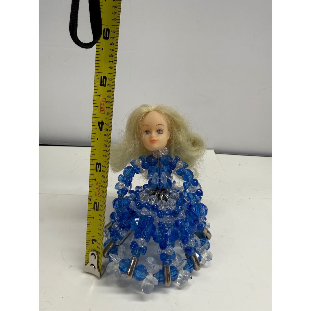 Vintage Safety Pin Doll Blue Clear Beaded Gown Handmade Folk Art Kitsch 4.5in